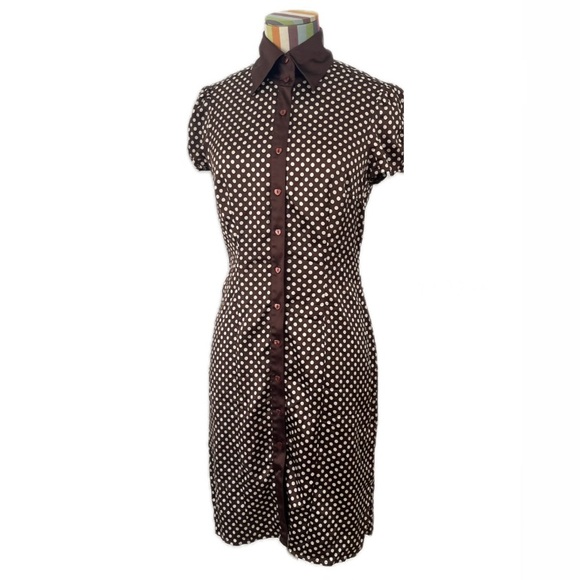 Y2K Bebe Silk Polka Dot Button Up High Neck Collar Shirt Dress - Picture 1 of 9